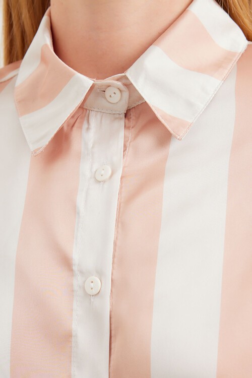 Merterium 3964 Hafif Dökümlü Çizgili Saten Gömlek - Bisküvi