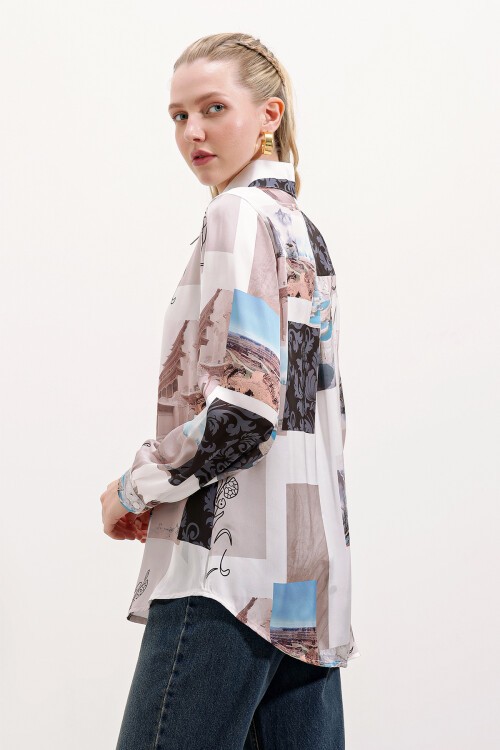 Merterium 3964 Hafif Dökümlü Saten Gömlek - A.Bej