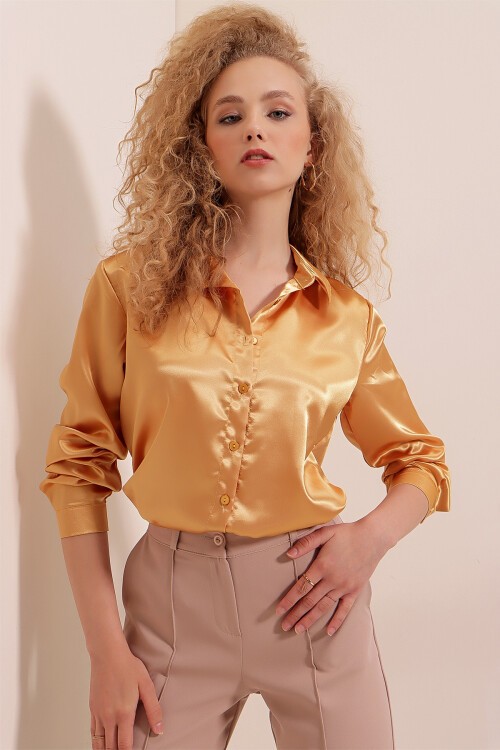 Merterium 3964 Hafif Dökümlü Saten Gömlek - Altın Sarısı