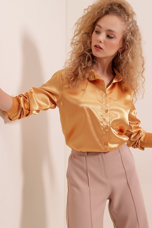 Merterium 3964 Hafif Dökümlü Saten Gömlek - Altın Sarısı