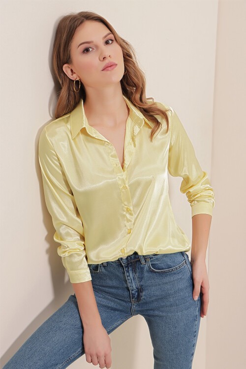 Merterium 3964 Hafif Dökümlü Saten Gömlek - B.Sarı