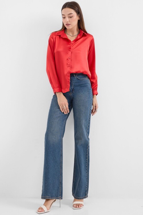 Merterium 3964 Hafif Dökümlü Saten Gömlek - Bordo