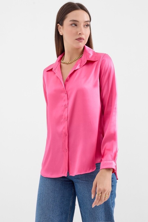 Merterium 3964 Hafif Dökümlü Saten Gömlek - Fuşya