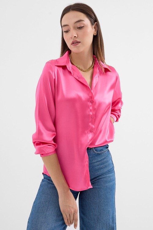Merterium 3964 Hafif Dökümlü Saten Gömlek - Fuşya