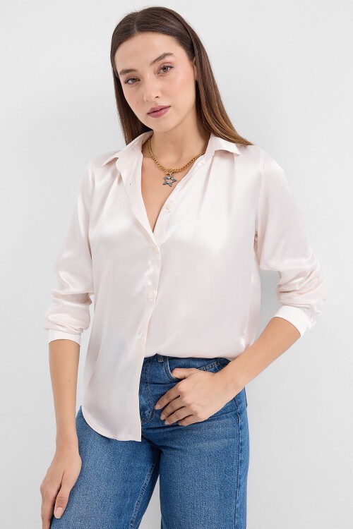 Merterium 3964 Hafif Dökümlü Saten Gömlek - Krem