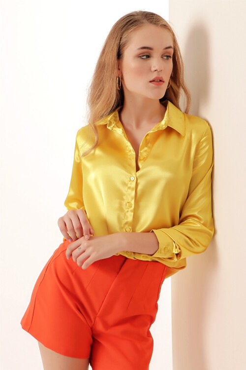 Merterium 3964 Hafif Dökümlü Saten Gömlek - Sarı