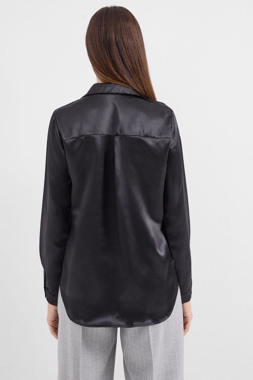 Merterium 3964 Hafif Dökümlü Saten Gömlek - Siyah