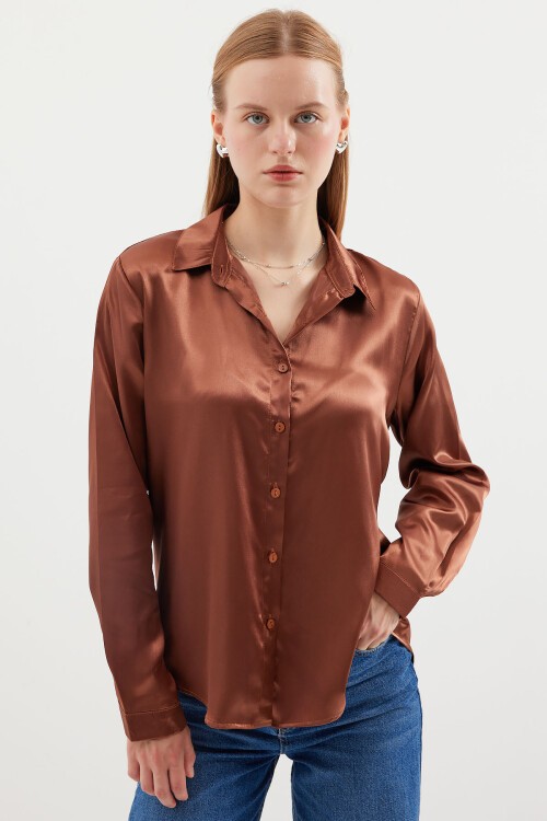 Merterium 3964 Hafif Dökümlü Saten Gömlek - Taba