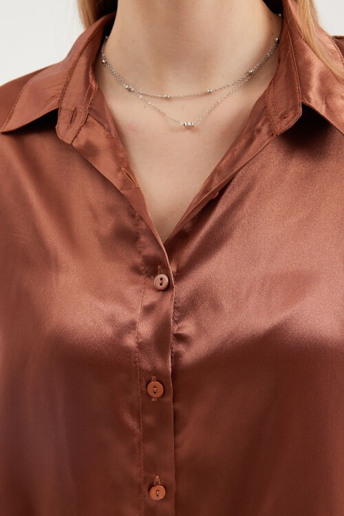 Merterium 3964 Hafif Dökümlü Saten Gömlek - Taba