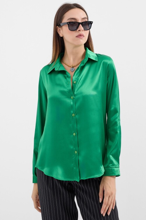Merterium 3964 Hafif Dökümlü Saten Gömlek - Yeşil