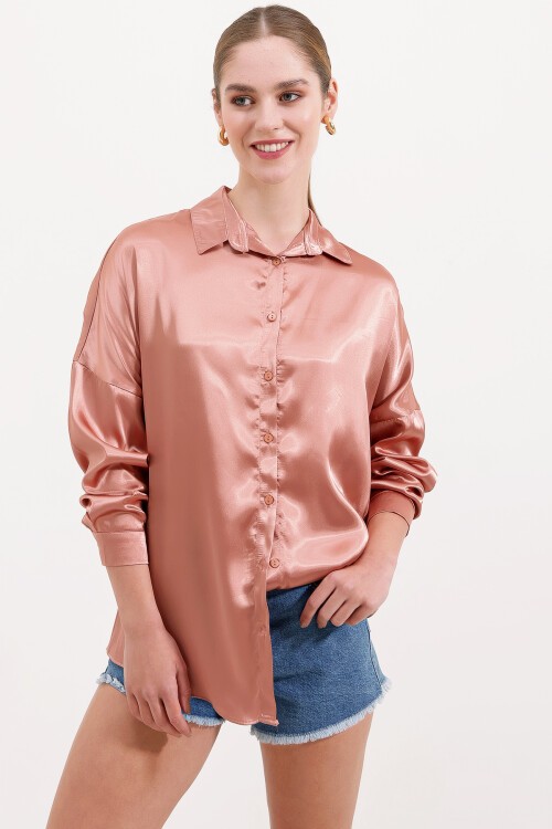 Merterium 3985 Oversize Saten Gömlek - Camel