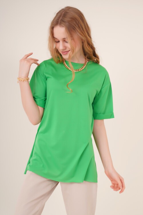 Merterium 4123 Yırtmaçlı Oversize Tişört - Yeşil