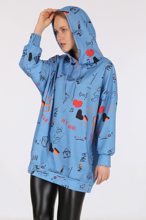 Merterium 4289 Kapüşonlu Oversize Sweatshirt - İndigo