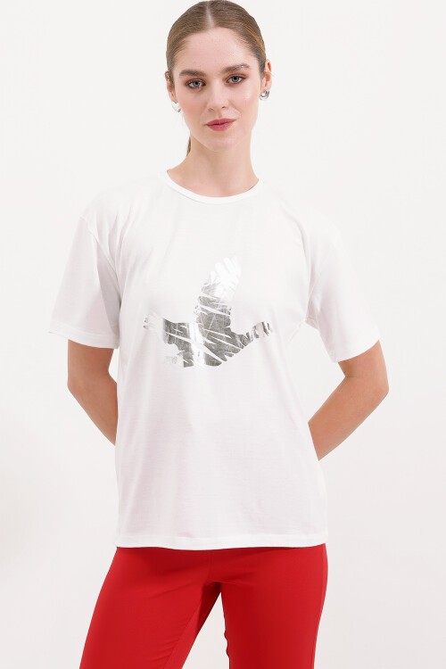 Merterium 4317 Bisiklet Yaka Baskılı Tişört - Gümüş