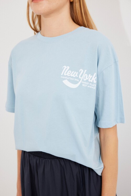 Merterium 4318 Baskılı Basic Tişört - Mavi