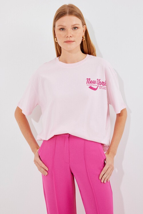 Merterium 4318 Baskılı Basic Tişört - Pudra