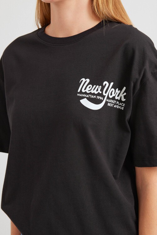 Merterium 4318 Baskılı Basic Tişört - Siyah