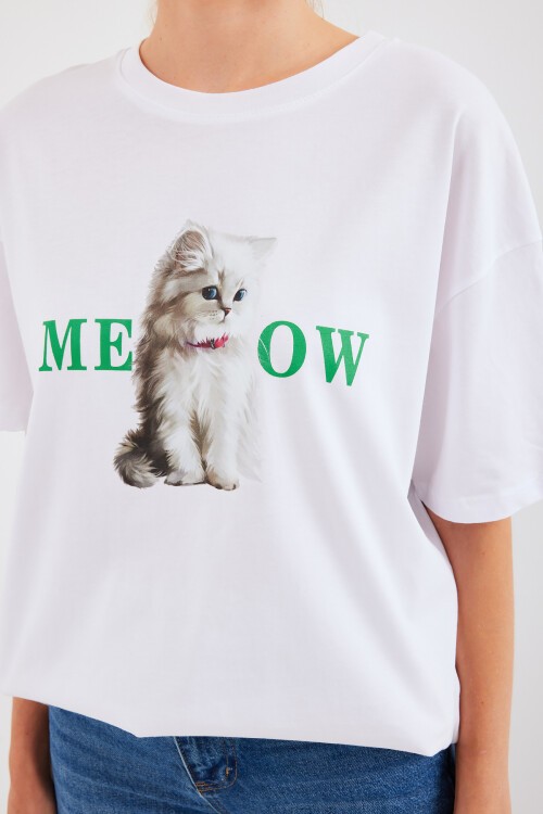 Merterium 4319 Baskılı Oversize Tişört - Beyaz