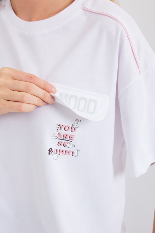 Merterium 4321 Cep Detaylı Oversize Tişört - Beyaz