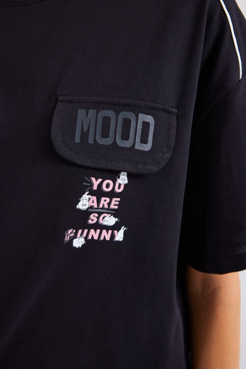 Merterium 4321 Cep Detaylı Oversize Tişört - Siyah