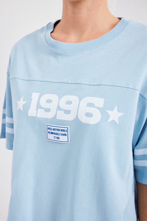 Merterium 4322 Baskılı Oversize Basic Tişört - Mavi