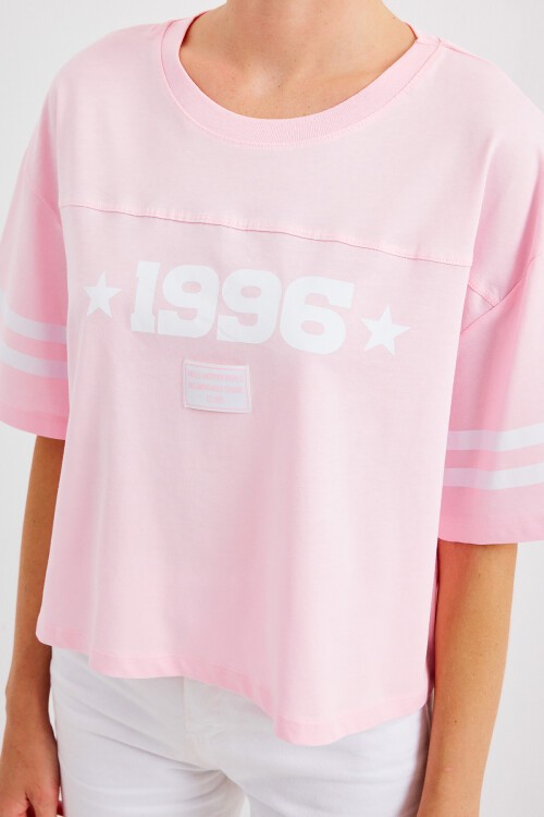 Merterium 4322 Baskılı Oversize Basic Tişört - Pembe