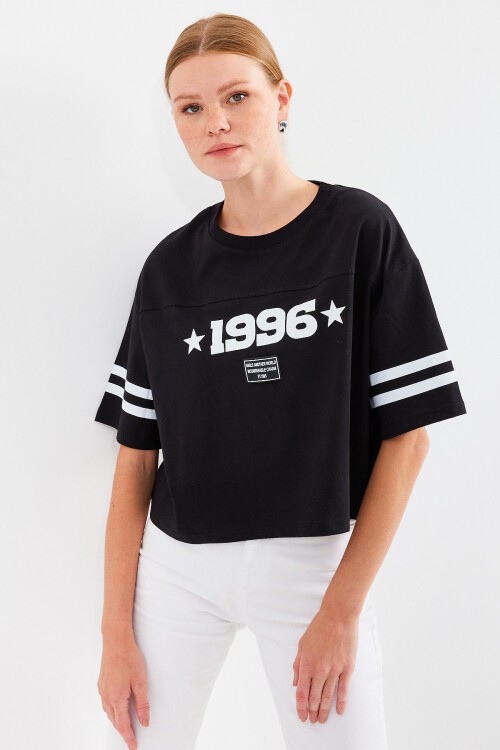 Merterium 4322 Baskılı Oversize Basic Tişört - Siyah