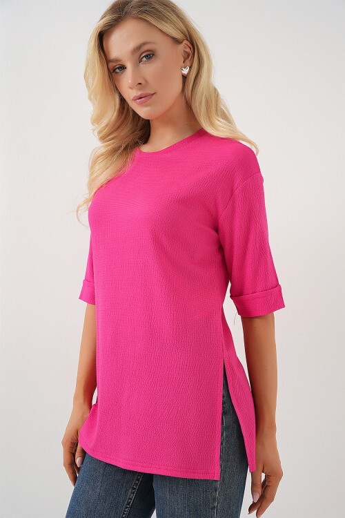 Merterium 4332 Yanı Yırtmaçlı Örme Tişört - Fuşya