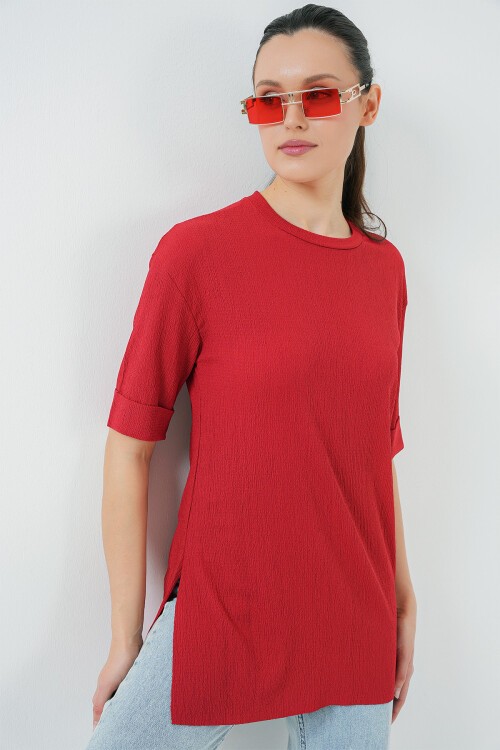 Merterium 4332 Yanı Yırtmaçlı Örme Tişört - Kırmızı