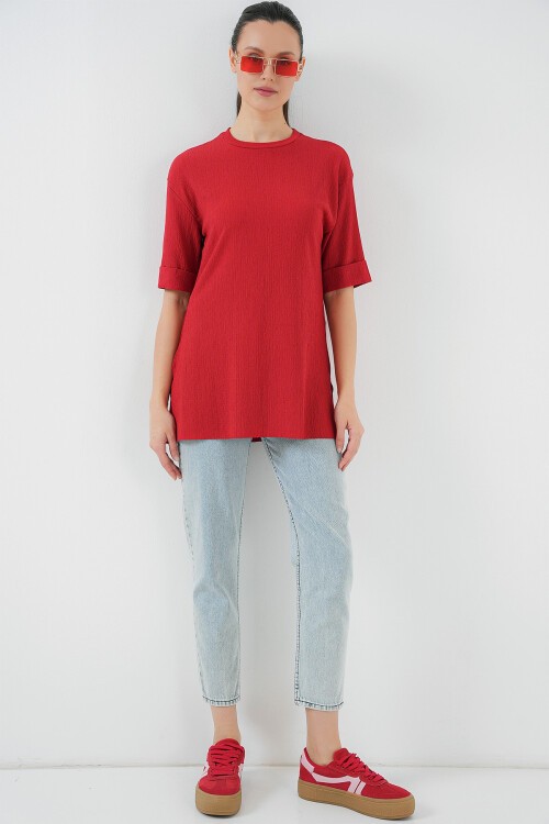 Merterium 4332 Yanı Yırtmaçlı Örme Tişört - Kırmızı