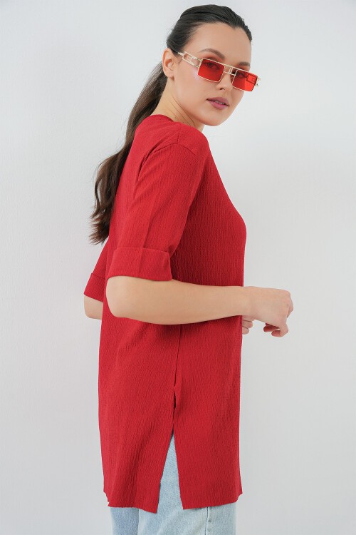 Merterium 4332 Yanı Yırtmaçlı Örme Tişört - Kırmızı