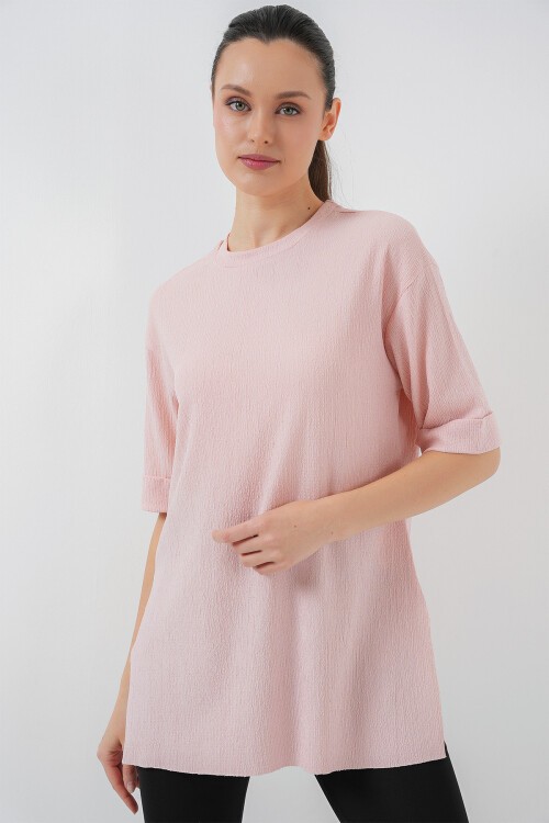 Merterium 4332 Yanı Yırtmaçlı Örme Tişört - Pudra