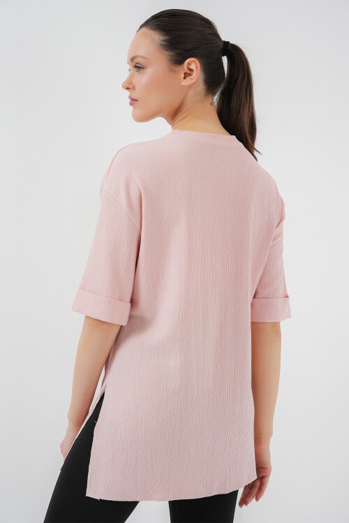 Merterium 4332 Yanı Yırtmaçlı Örme Tişört - Pudra