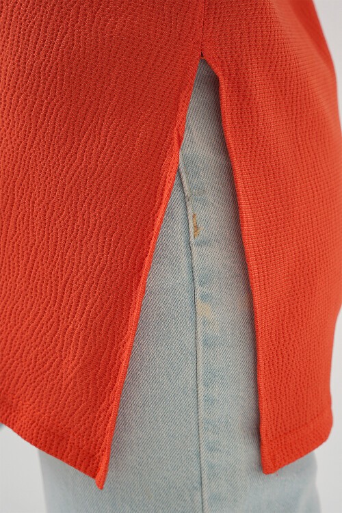 Merterium 4332 Yanı Yırtmaçlı Örme Tişört - Turuncu