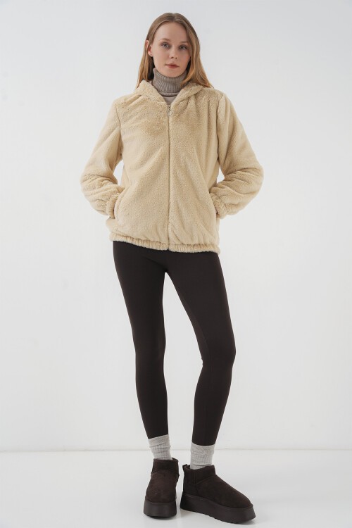 Merterium 5091 Kapşonlu Kürklü İçi Astarlı Mont - Bisküvi