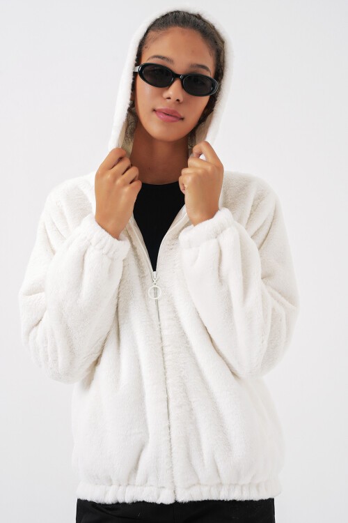 Merterium 5091 Kapşonlu Kürklü İçi Astarlı Mont - Ekru