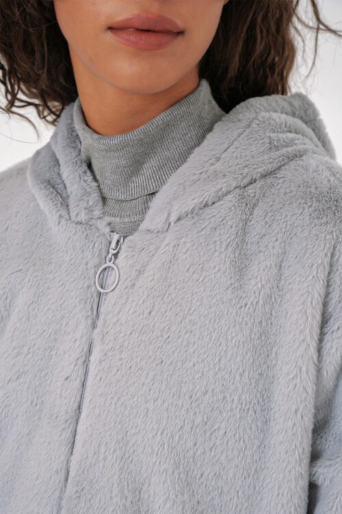 Merterium 5091 Kapşonlu Kürklü İçi Astarlı Mont - Gri