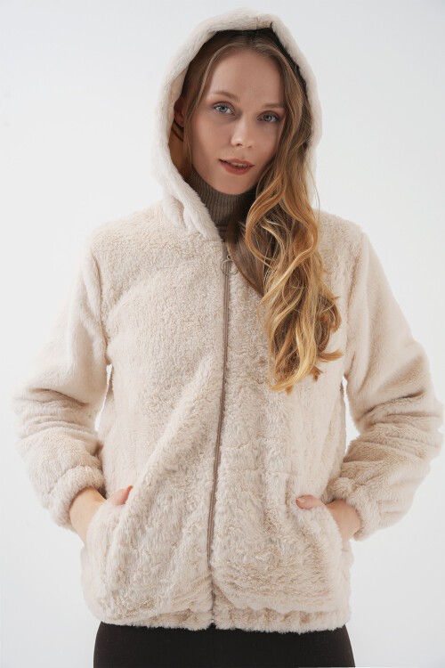 Merterium 5091 Kapşonlu Kürklü İçi Astarlı Mont - Krem