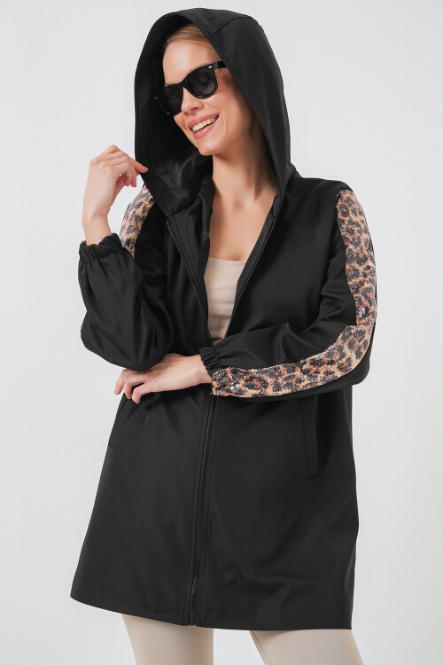 Merterium 5103 Kolları Payetli Kapüşonlu Mont - Siyah