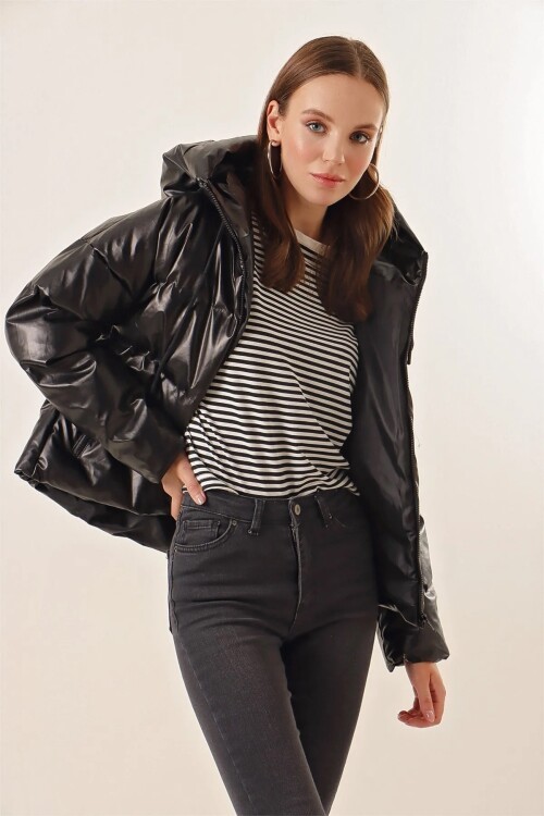 Merterium 5114 Oversize Deri Mont - Siyah