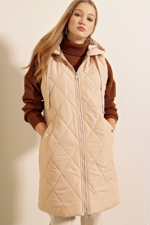 Merterium 5140 Kapşonlu Uzun Şişme Yelek - Bej