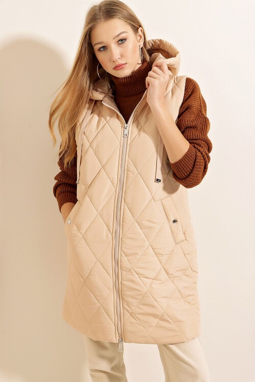 Merterium 5140 Kapşonlu Uzun Şişme Yelek - Bej