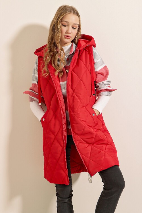 Merterium 5140 Kapşonlu Uzun Şişme Yelek - Kırmızı