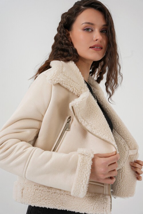 Merterium 5155 Kruvaze Yaka Suni Kürklü Deri Mont - A.Beyaz