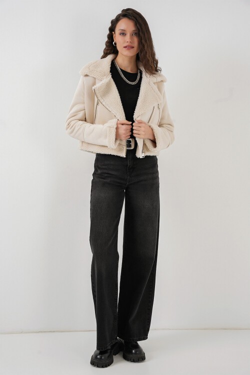 Merterium 5155 Kruvaze Yaka Suni Kürklü Deri Mont - A.Beyaz