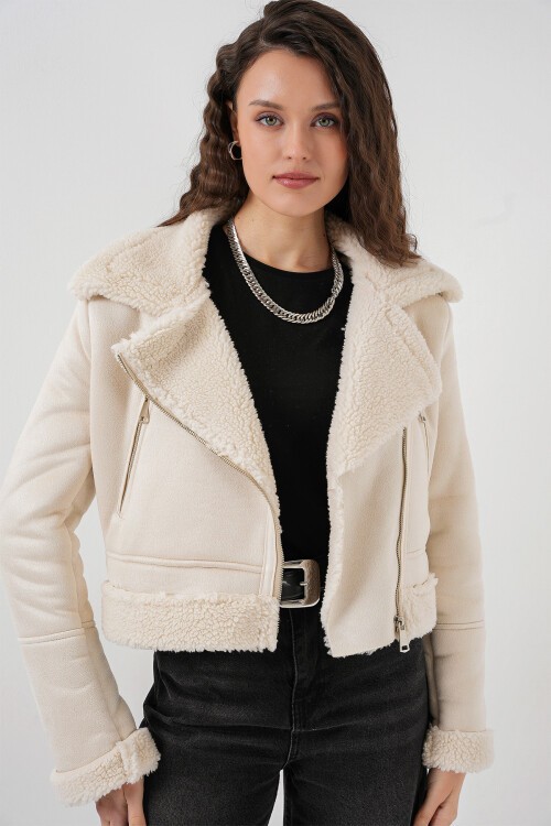 Merterium 5155 Kruvaze Yaka Suni Kürklü Deri Mont - A.Beyaz