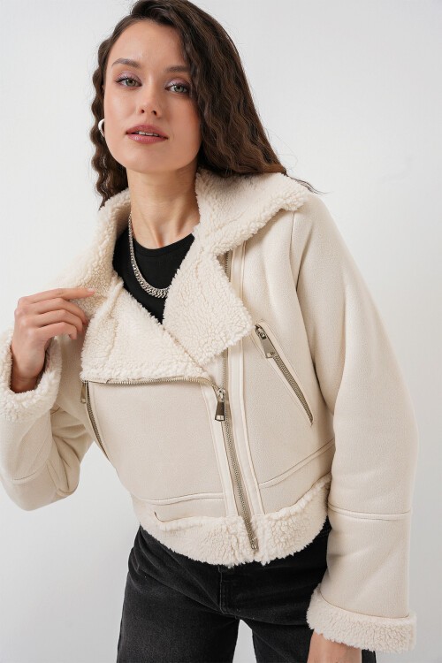 Merterium 5155 Kruvaze Yaka Suni Kürklü Deri Mont - A.Beyaz