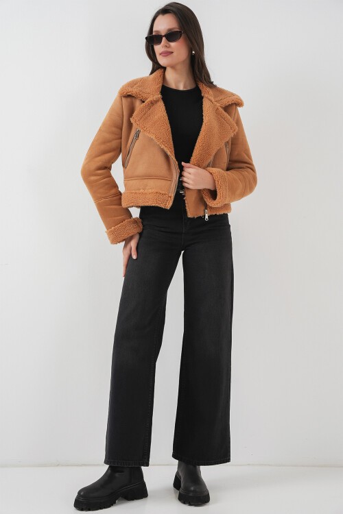 Merterium 5155 Kruvaze Yaka Suni Kürklü Deri Mont - A.Kahve