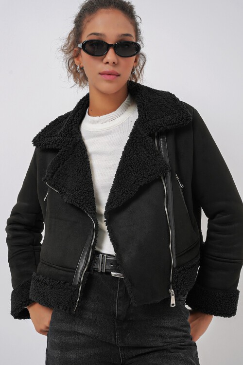 Merterium 5155 Kruvaze Yaka Suni Kürklü Deri Mont - Siyah