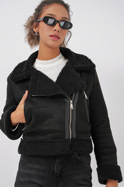 Merterium 5155 Kruvaze Yaka Suni Kürklü Deri Mont - Siyah